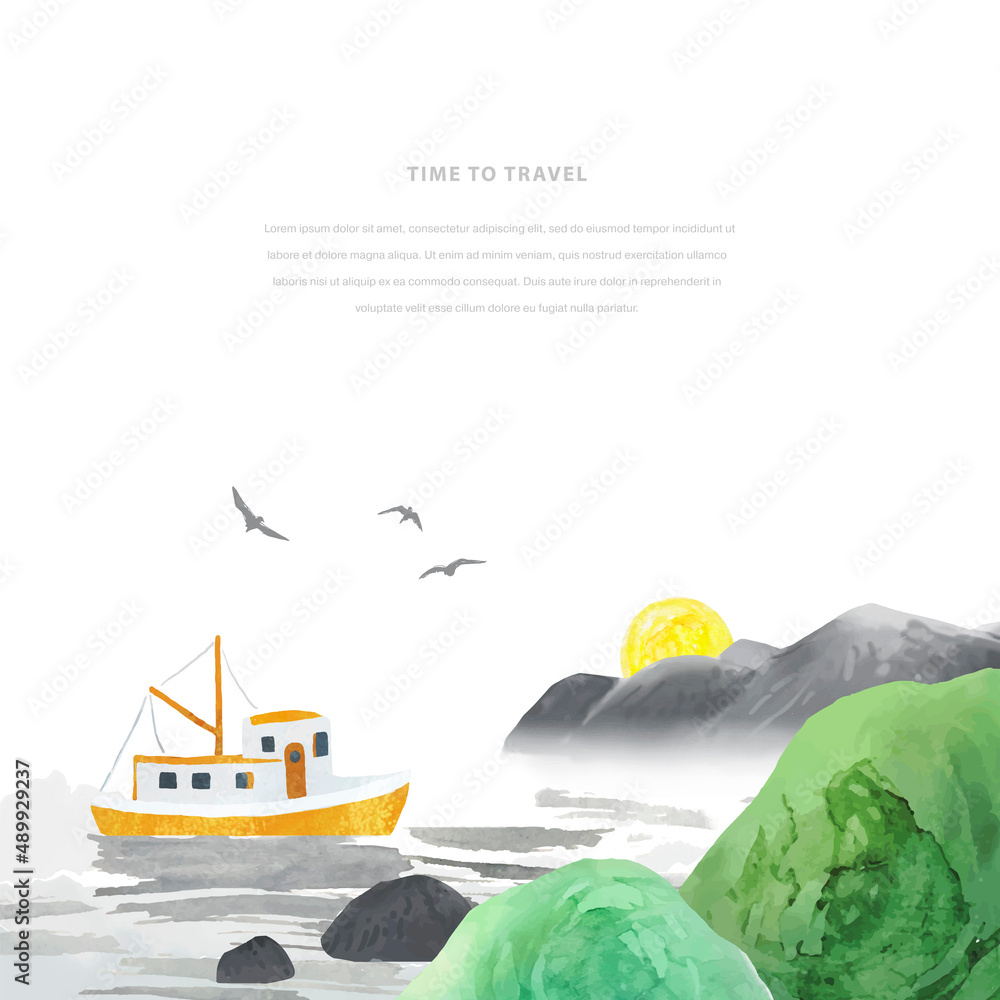 Naklejka premium Scandinavian landscape with fishing ship, hills and sea. Travel vector template. Romantic watercolor Illustration on isolated on white background. All elements are individual objects