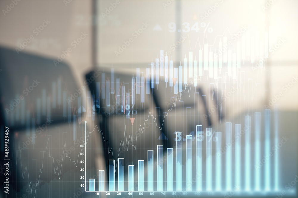 Double exposure of abstract creative financial chart hologram on a modern meeting room background, research and strategy concept Double exposure of abstract creative financial chart hologram on a modern meeting room background, research and strategy concept