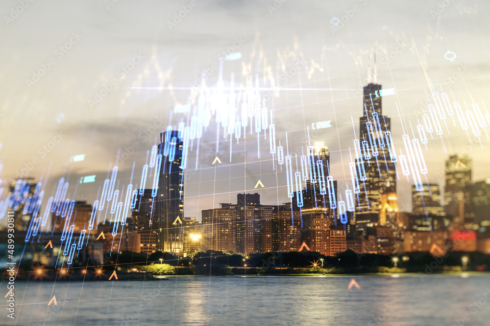 Double exposure of abstract creative financial chart hologram and world map on Chicago city skyscrapers background, research and strategy concept Double exposure of abstract creative financial chart hologram and world map on Chicago city skyscrapers background, research and strategy concept