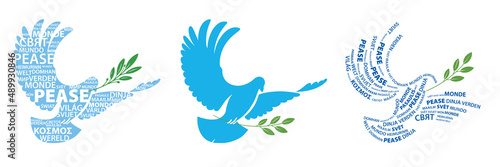 Billede på lærred a set of logos of a dove, a symbol of peace, an outline, a silhouette inside the word peace is written in different European languages