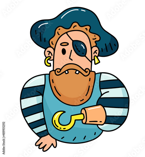 Doodle cartoon pirate character with black patch and hook arm. Flat style vector illustration isolated on white background