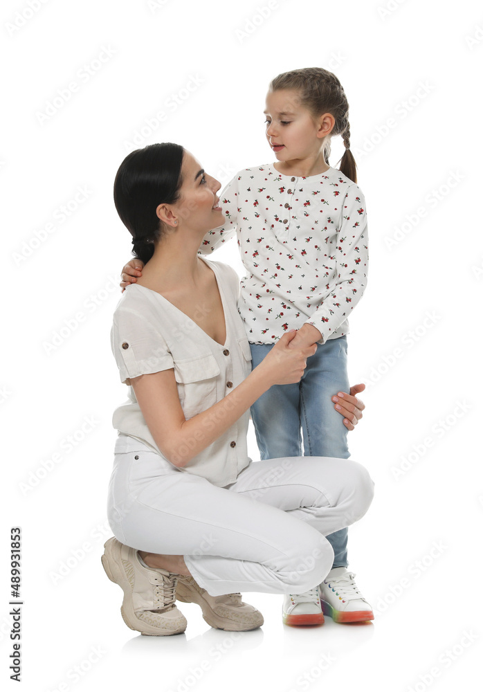 Little girl with her mother on white background Little girl with her mother on white background