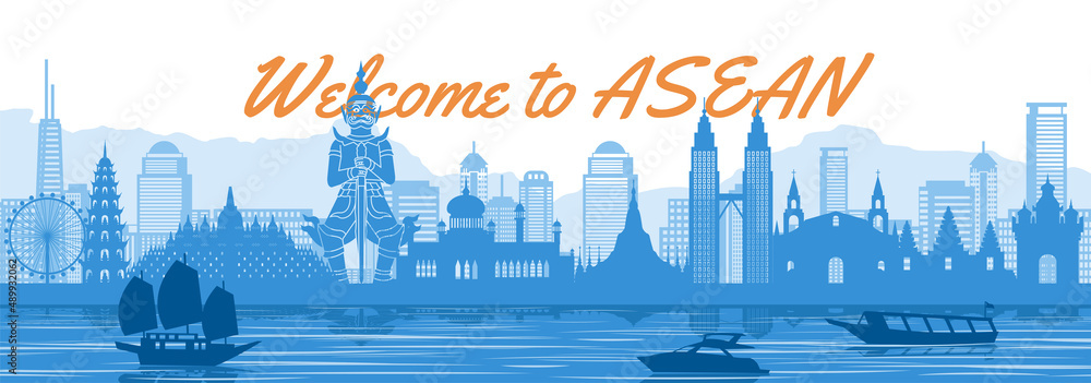 ASEAN famous landmark with blue and white color design,vector illustration