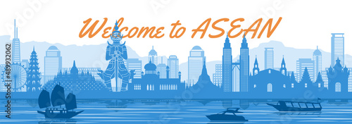 ASEAN famous landmark with blue and white color design,vector illustration