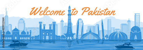 Pakistan famous landmark with blue and white color design,vector illustration