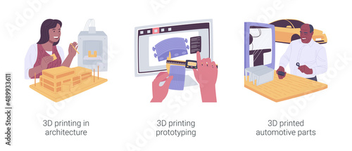 3D printing in business isolated cartoon vector illustrations set.