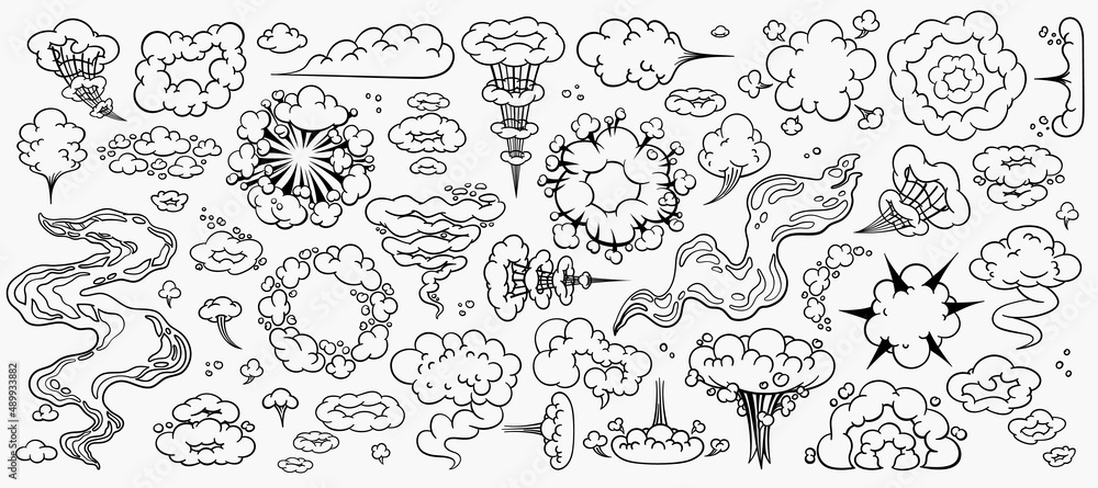 Comic clouds, cartoon vector clouds in line style isolated on light background.