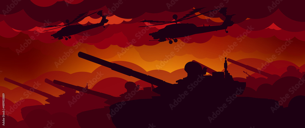 War. Tanks and helicopters. The offensive. Tank columns are going on