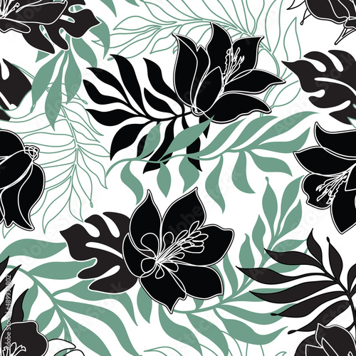 Floral seamless pattern. Flowers with leaves ornamental texture. Flourish nat...