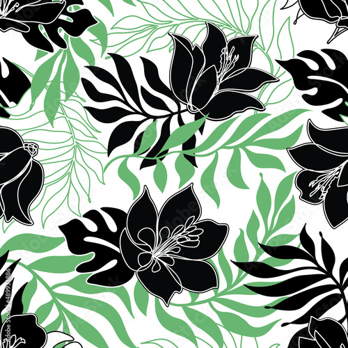 Floral seamless pattern. Flowers with leaves ornamental texture. Flourish nat...