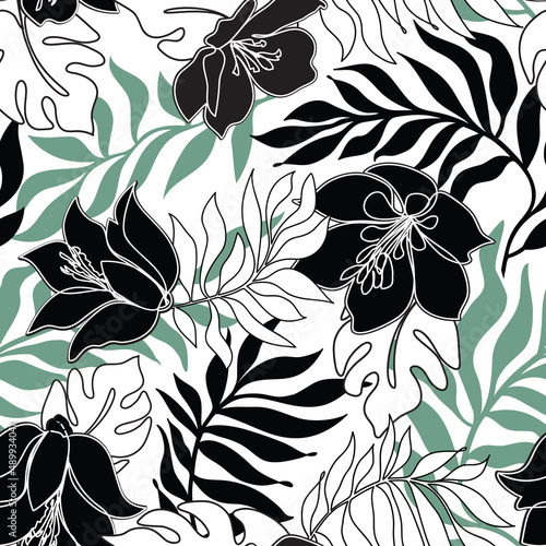 Floral seamless pattern. Flowers with leaves ornamental texture. Flourish nat...