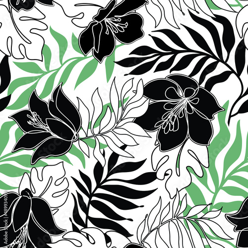 Floral seamless pattern. Flowers with leaves ornamental texture. Flourish nat...
