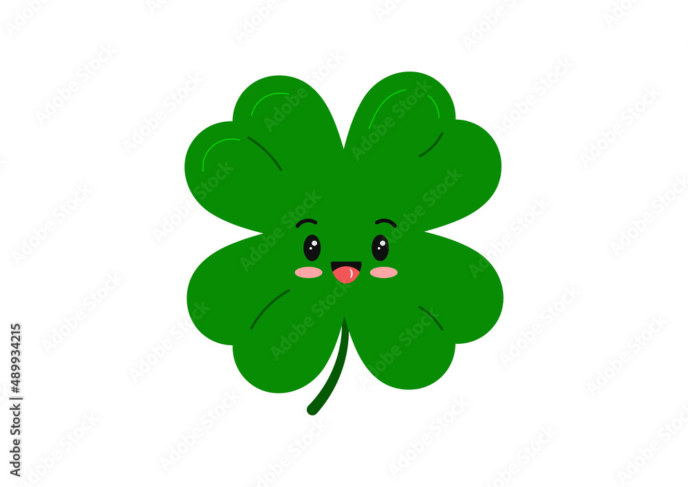 Cute clover character four leaf good luck charm mascot isolated on white background. Green smiling kids kawaii emoji 4 leaves clover lucky emoji. Flat design cartoon plant grass vector illustration. Cute clover character four leaf good luck charm mascot isolated on white background. Green smiling kids kawaii emoji 4 leaves clover lucky emoji. Flat design cartoon plant grass vector illustration.
