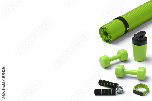 Isometric view of sport equipment like yoga mat  dumbbell and smart watches