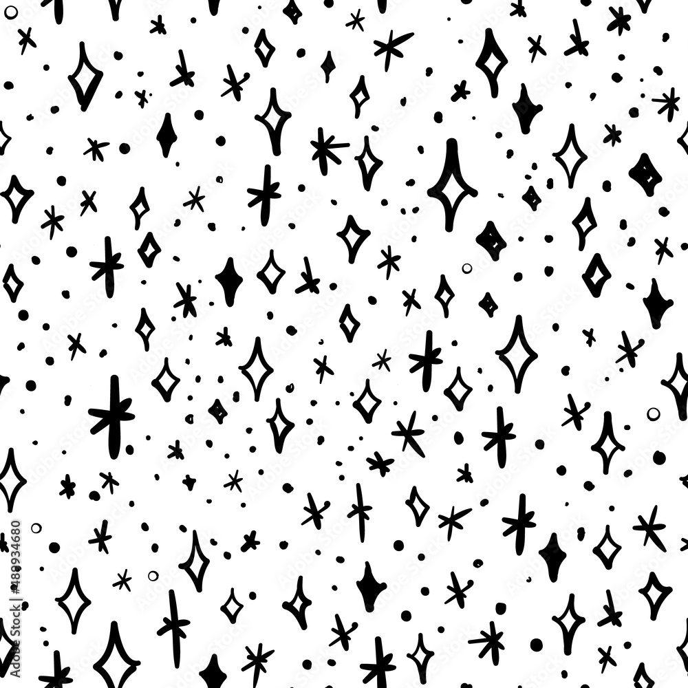 Obraz premium All over vector seamless repeat pattern with ditsy twinkling shining black stars on white background