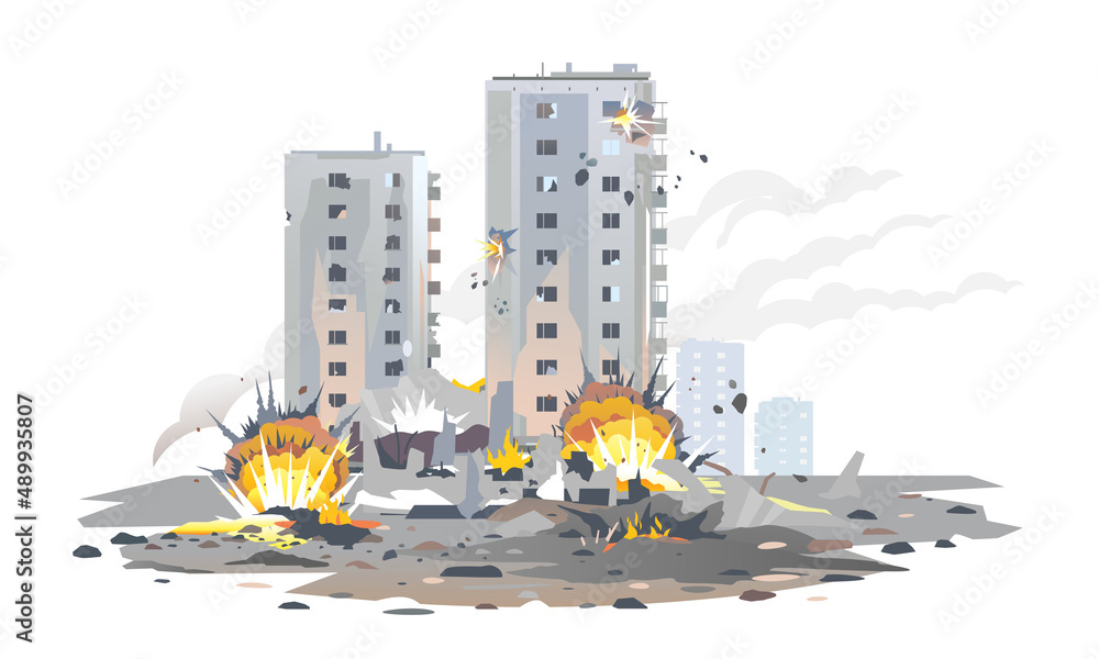 Russian bomb explosions with shrapnel and fireball in Ukraine city, destroyed buildings ruins and concrete, war destruction concept illustration isolated, terrorist acts in Europe - obrazy, fototapety, plakaty 