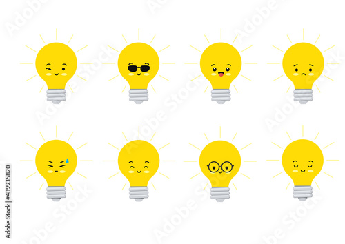 Cute light bulb smile and sad funny cartoon character vector set. Flat design kawaii electric lamp emoji with face illustration isolated on white background. Lightbulb mascot collection.