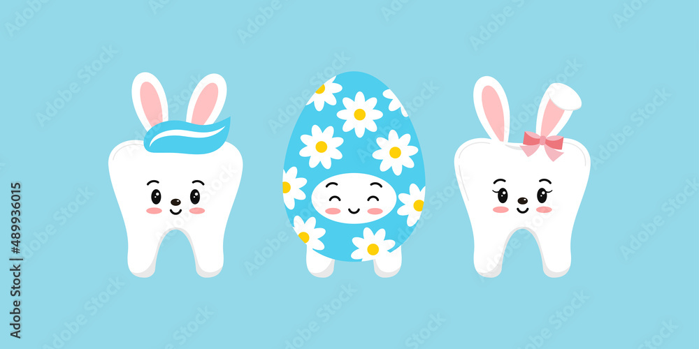 Easter teeth bunny rabbit and egg dental icon set isolated. Dentist