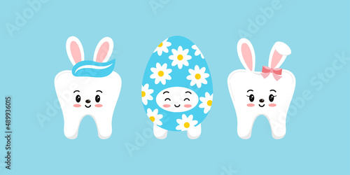Easter teeth bunny rabbit and egg dental icon set isolated. Dentist easter cute tooth kawaii character with bunny ears tail and egg costume. Flat cartoon vector kids dentistry clip art illustration