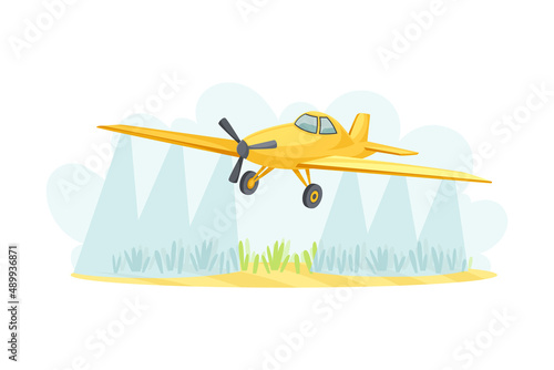 Airplane spraying field, agricultural farming machinery vector illustration