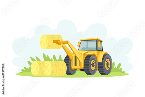 Yellow tractor hay baler agricultural farming machinery vector illustration on white background