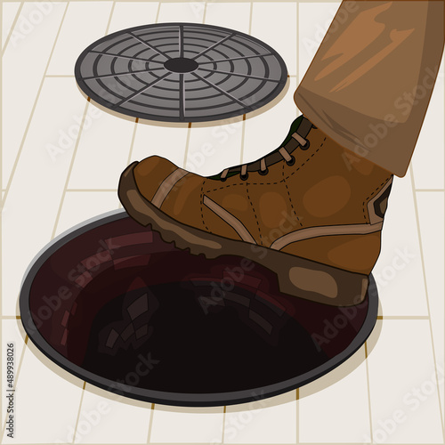 Human leg on open manhole. Man step in city sewer hole. Business risks, accident, pedestrian safety and insurance concept. Careless man or businessman ignoring exposed manhole or hole on ground.Vector