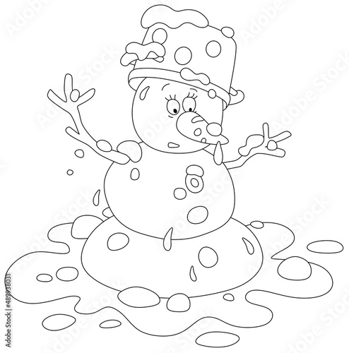 Funny toy snowman with a spotted kitchen pan and a tasty sweet carrot thawing in a puddle on a warm spring day, black and white vector cartoon for a coloring book page