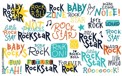 Rock lettering. Graffiti vector collection for kids. Handwritten words and phrases in a funny doodle style. Ideal for prints on baby clothes, posters, rock punk themed parties.