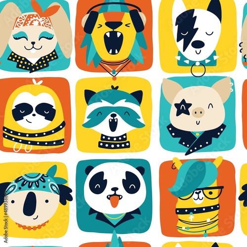 Cute animal rock stars seamless pattern. Hand drawn colorful doodle cartoon characters in rock clothes and accessories, with hair and makeup. Ideal for baby textiles, wallpaper, wrapping paper.