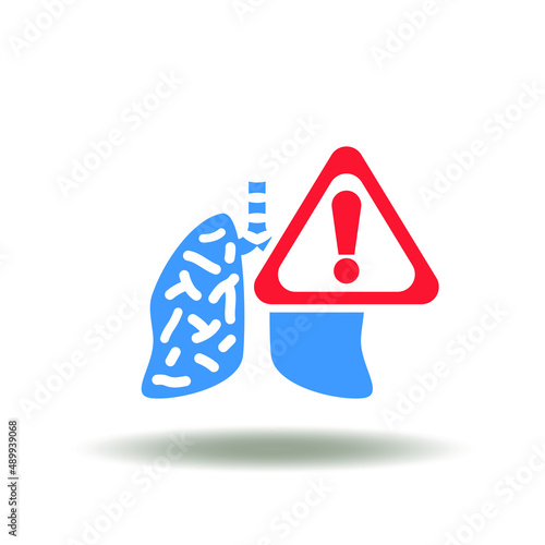 Vector illustration of lungs with legionella pneumophila bacteria and attention sign. Icon of legionella test alarm. Symbol of legionnaires disease.
