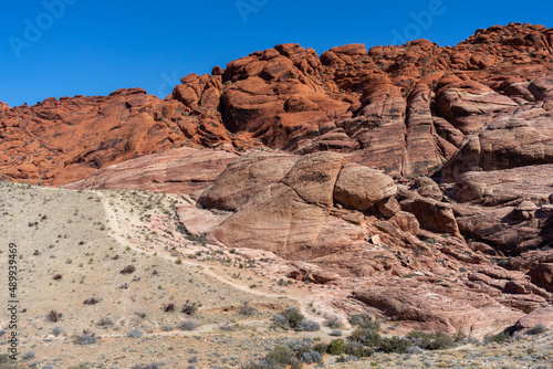 Red Rock Canyon rock formation in Nevada with blue sky