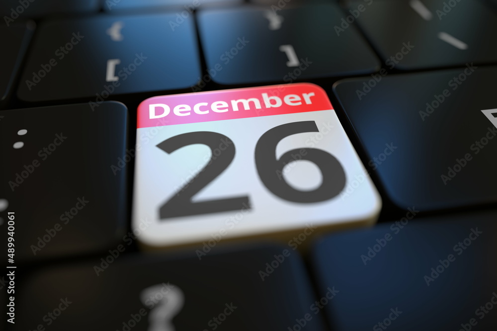 December 26 date on a keyboard key, 3d rendering December 26 date on a keyboard key, 3d rendering