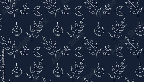 Esoteric seamless pattern with branches and crescent moon on the dark blue background