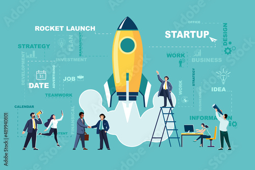 Startup project rocket. A group of people come up with an idea, start a new business project in a young creative business company. Career advancement to success, business analysis. Vector illustration