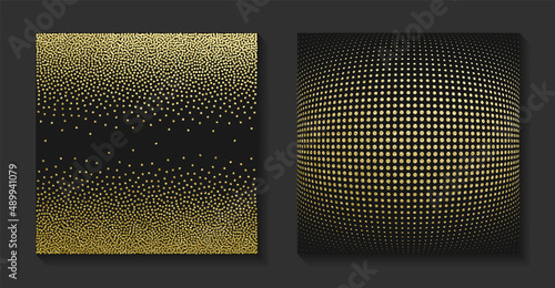 Gold grunge dotted halftone texture. Shiny golden backgrounds set. Bright backdrop for christmas cards, luxury flyers or banners. Vintage vector illustration