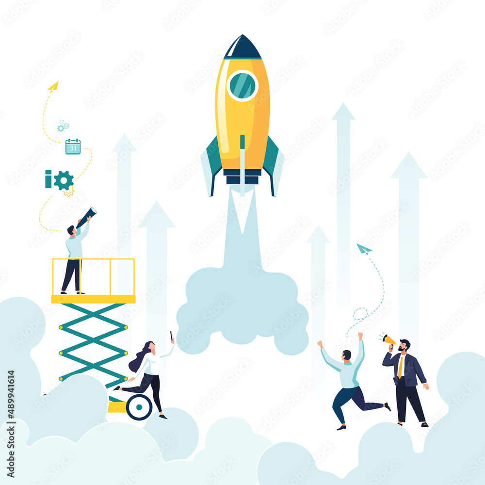 Startup project rocket. A group of people come up with an idea, start a new business project in a young creative business company. Career advancement to success, business analysis. Vector illustration Startup project rocket. A group of people come up with an idea, start a new business project in a young creative business company. Career advancement to success, business analysis. Vector illustration