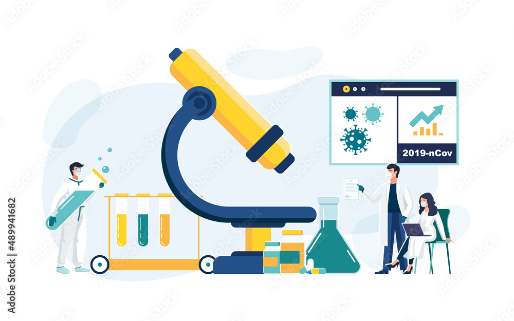 Microscope, vaccination concept. Research laboratory Covid-19 Corona virus with scientists, doctors working medicine, people. Background, flat vector style template suitable for web landing page Microscope, vaccination concept. Research laboratory Covid-19 Corona virus with scientists, doctors working medicine, people. Background, flat vector style template suitable for web landing page
