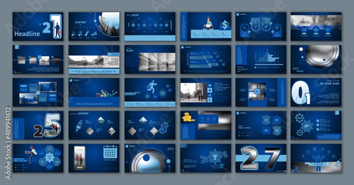 Business presentations, Powerpoint, infographics, teamwork. Gradient, blue design elements on blue background. Use in slides, commercials, marketing. Business people, sign, construction, businessman 