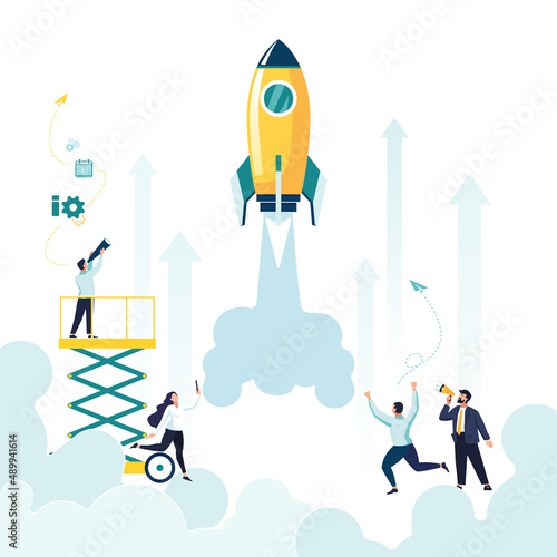 Startup project rocket. A group of people come up with an idea, start a new business project in a young creative business company. Career advancement to success, business analysis. Vector illustration