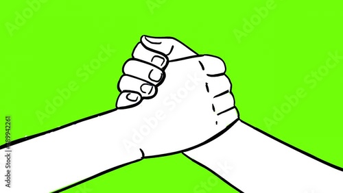 Two hands. Strong clamp. Confrontation. Politics. Power sports. Mutual assistance. Hand-drawn animation. Green background.