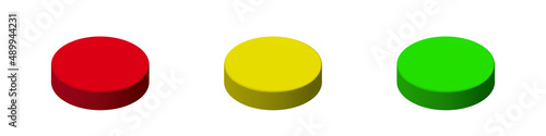 3d round blank buttons. Green, yellow and red buttons. Traffic light colors. Vector 3d illustration isolated on white background.