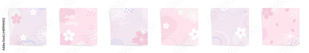 spring sale square post floral banners fashion template set. Hanami sakura design sale promo posts. Design with wavy patterns, flowers, and abstract shapes in pink, red, and white colors set.