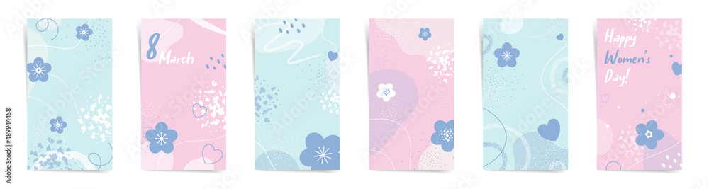 Women's day spring sale stories banners fashion template set. 8 march design for stories and promo posts. Design with wavy patterns, flowers, and abstract geometric shapes in pink, blue colors 