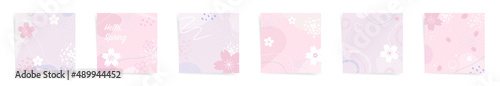 spring sale square post floral banners fashion template set. Hanami sakura design sale promo posts. Design with wavy patterns, flowers, and abstract shapes in pink, red, and white colors set.