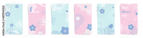 Women's day spring sale stories banners fashion template set. 8 march design for stories and promo posts. Design with wavy patterns, flowers, and abstract geometric shapes in pink, blue colors © Takoyaki Shop