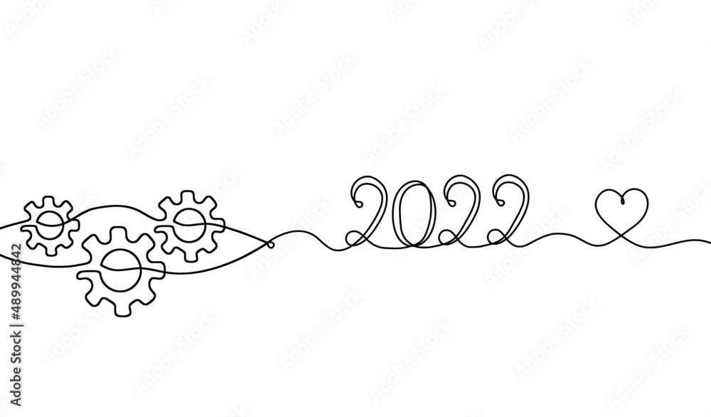 Obraz premium Abstract round metal gears wheels with 2022 as line drawing on white background. Vector
