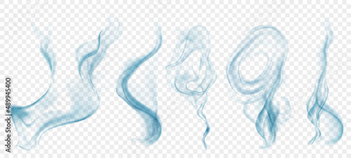 Set of several realistic transparent light blue smokes or steam, for use on light background. Transparency only in vector format