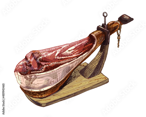 358_jamon_Spanish jamon, traditional jerky, pork jerky, ham sketch, wooden chopping stand, colorful, vintage style, farm meat product, Spanish jamon, Iberico, Serrano