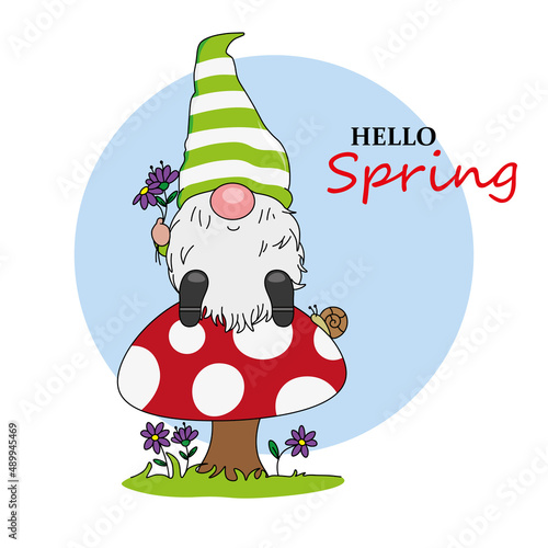 Welcome to spring cartoon. Cute gnome sitting on top of a mushroom.