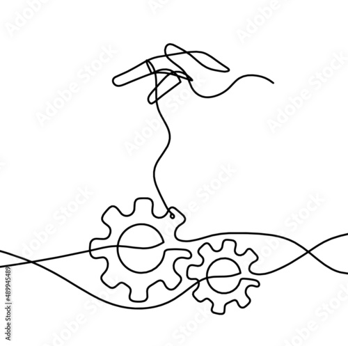 Abstract round metal gears wheels with hand as line drawing on white background